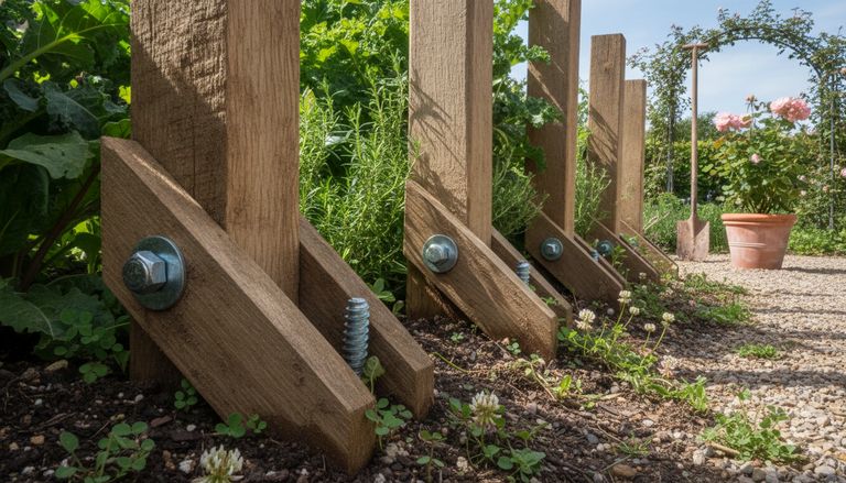 Border un jardin en bois : 5 méthodes en 2026 : Pieux en bois vissés : La tenue renforcée