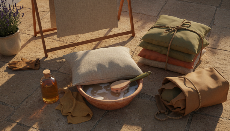 Coussin pour salon de jardin : le guide complet : Entretien et durabilité : laver, ranger et prolonger la vie de vos coussins